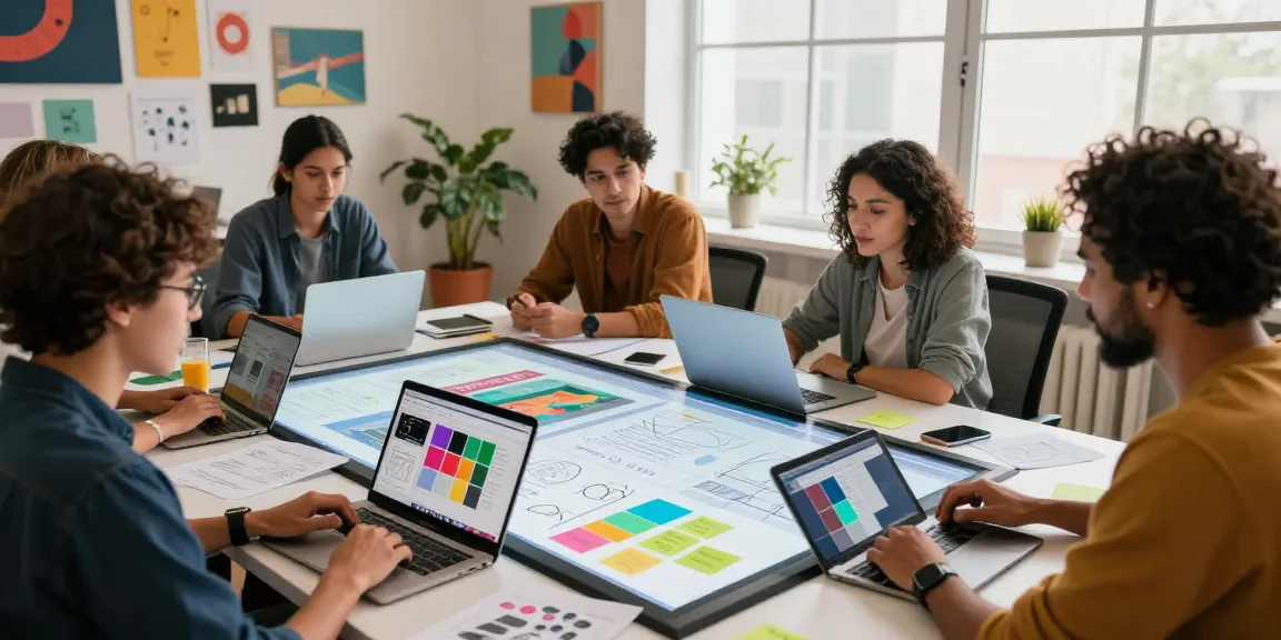 Team collaborating with mixboard ai on a digital canvas in an innovative workspace.