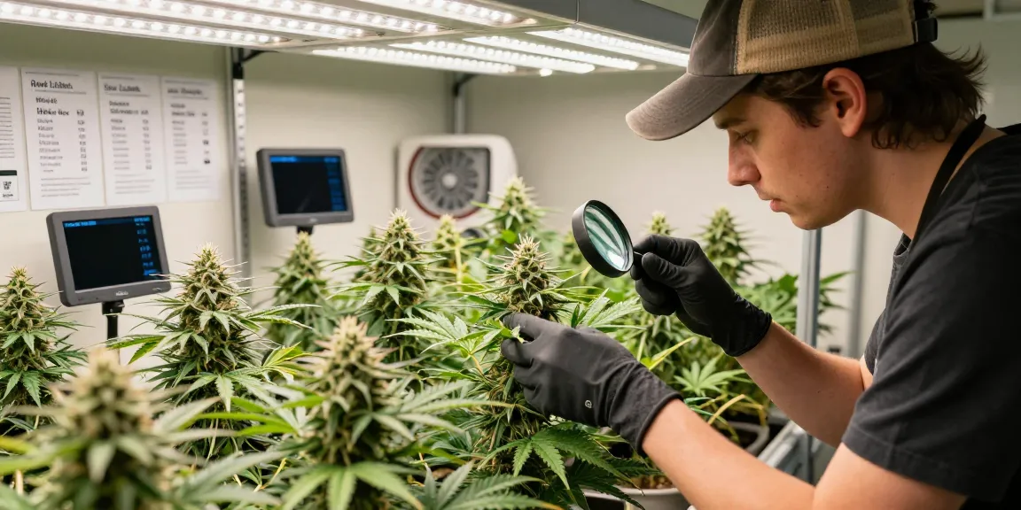 Expert examining feminised cannabis genetics in a vibrant grow room.