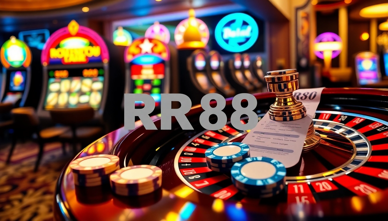 Experience the thrill of RR88 casino gaming with vibrant poker chips and a luminous roulette wheel.
