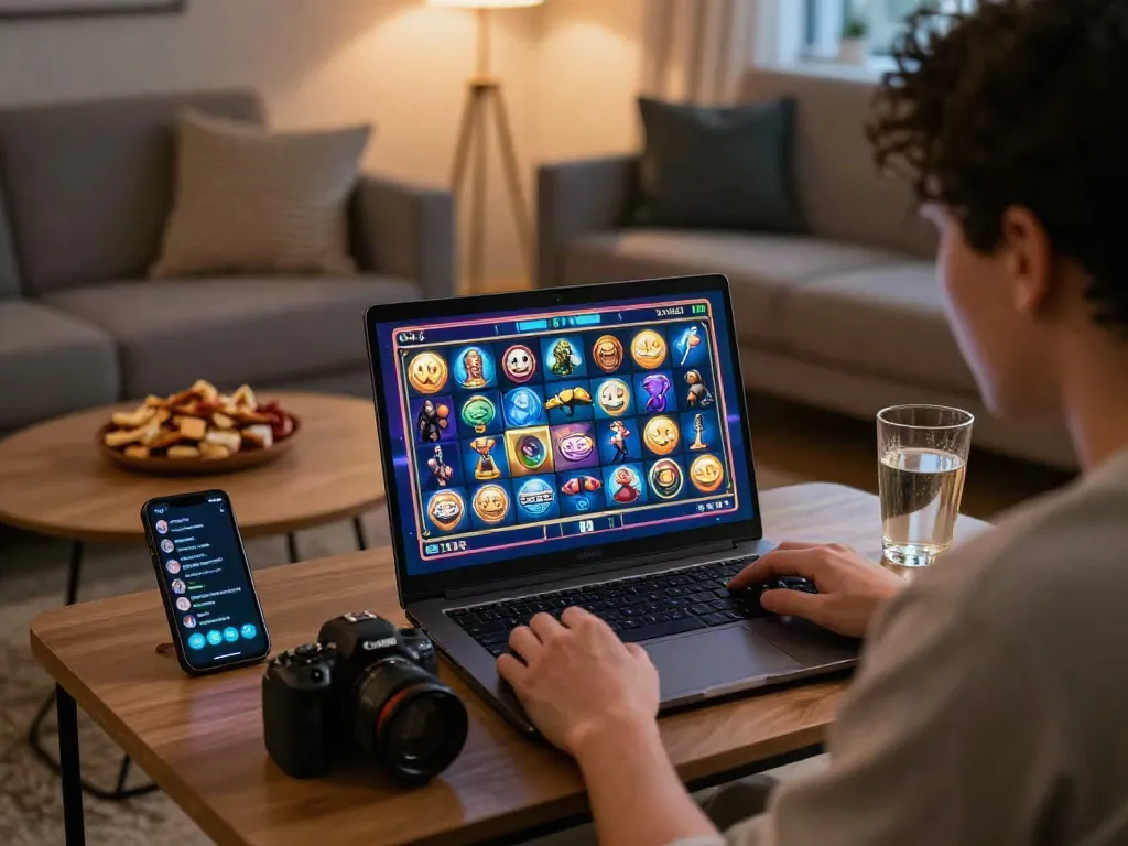 A player enjoying an engaging slot game on a laptop in a cozy living room, capturing the excitement of online gaming.