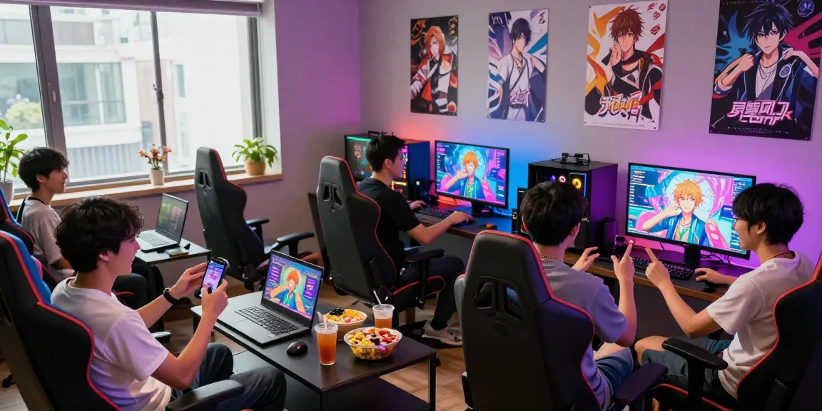 Group of adults enjoying hentaigames together in a vibrant gaming lounge.