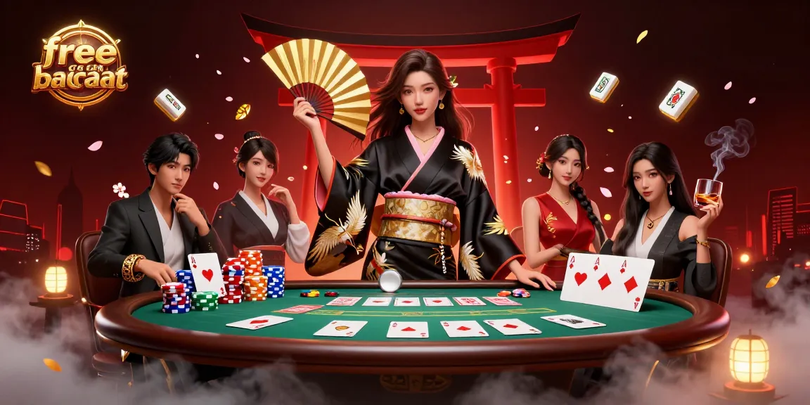 Experience thrilling free credit baccarat action with a stylish Asian woman and rich casino elements.