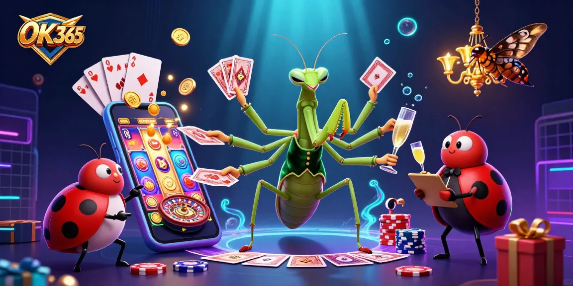 Engage with fun at OK 365, featuring a giant praying mantis card sharp and vibrant casino elements.