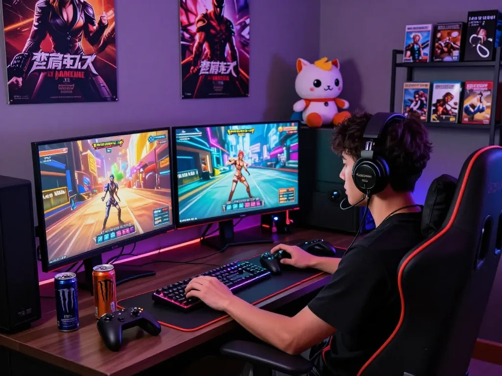 Immerse in a vibrant gaming room featuring a player enjoying a porn game online.