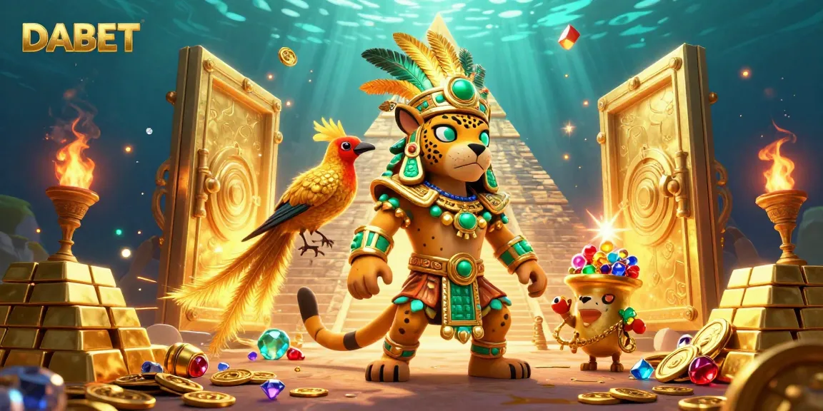 DABET showcases a vivid casino scene with a Mayan jaguar priest amid treasures energizing players.