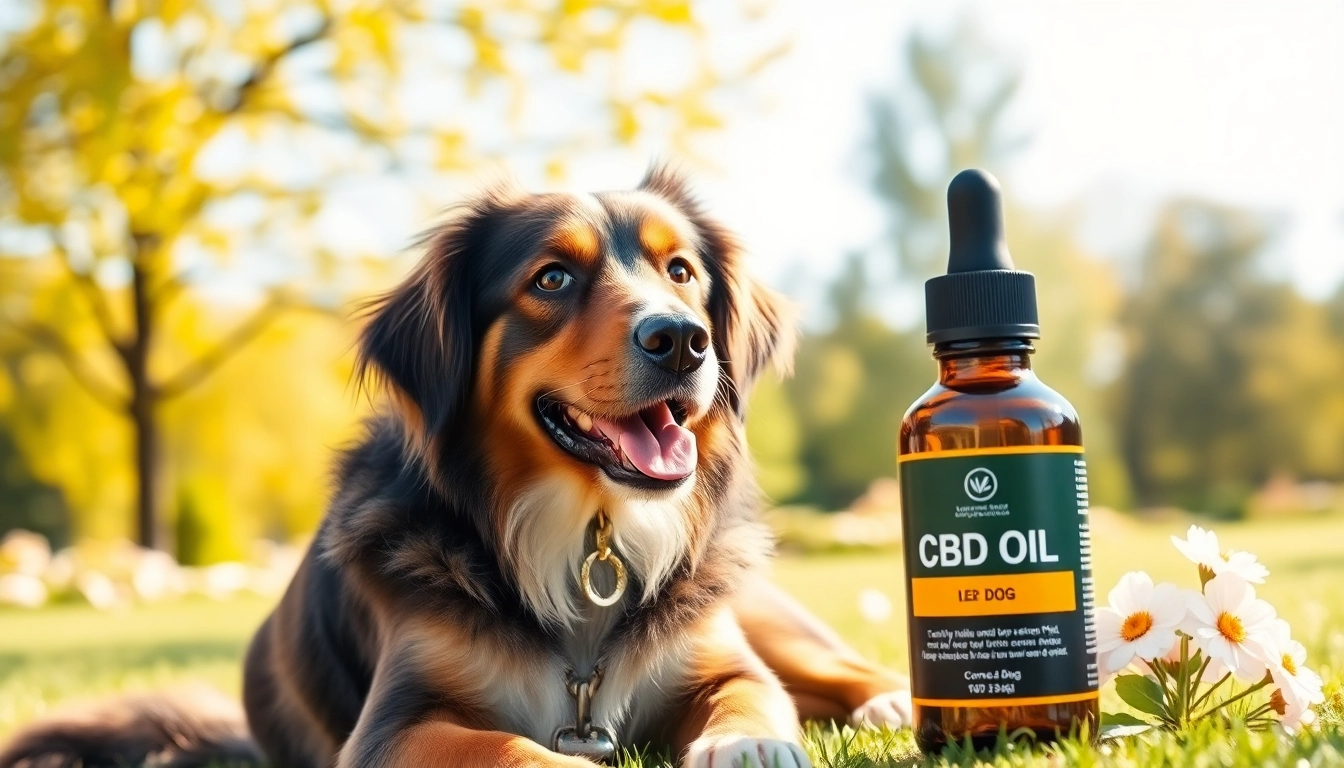 Dog enjoying the outdoors with CBD Oil For Dog bottle, highlighting health and relaxation.