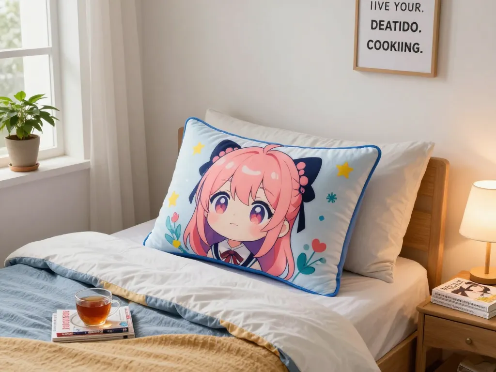 Custom dakimakura pillow on a cozy bed, featuring vibrant anime artwork, creating a warm atmosphere.