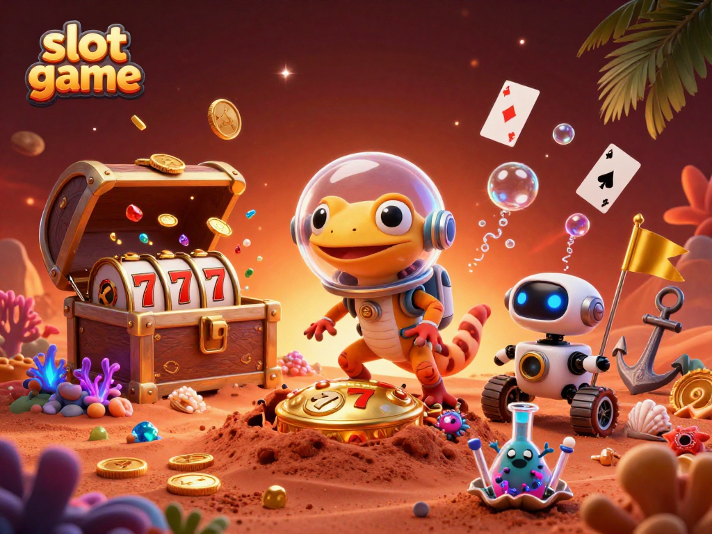 Experience the excitement of a slot game alongside a Martian gecko and robot rover in a vibrant 3D scene.