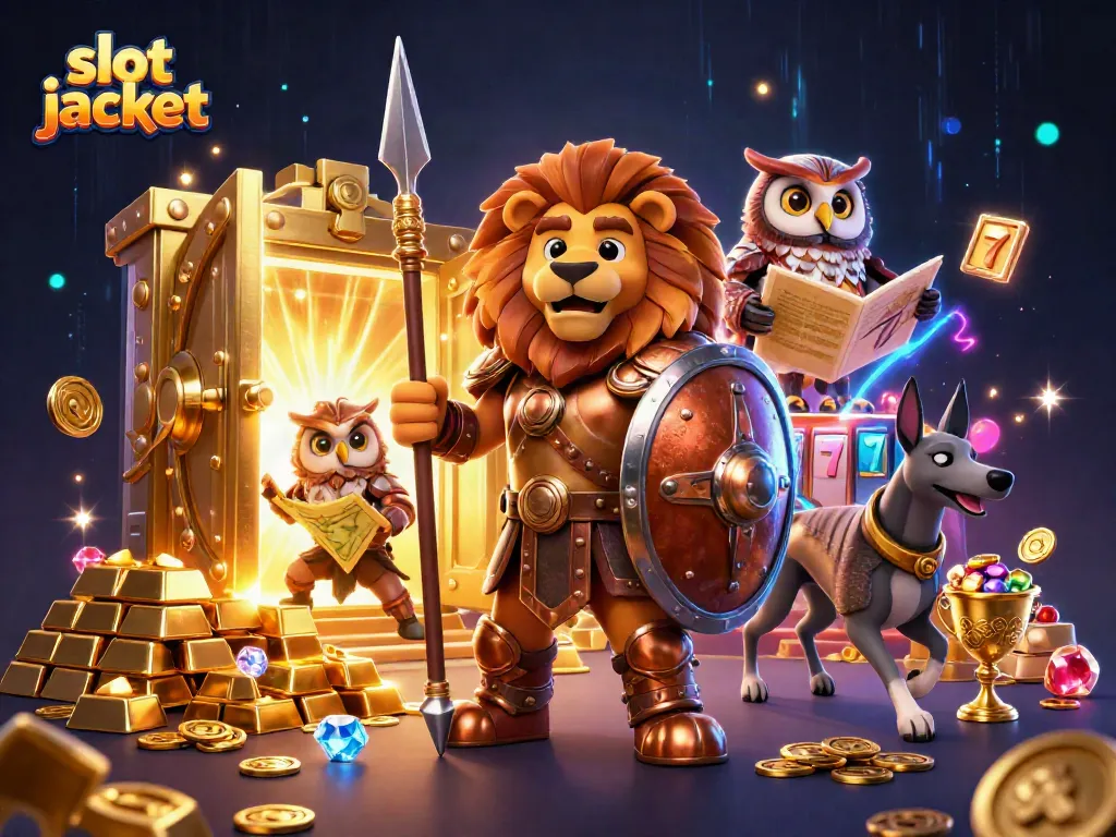 Engage in vivid slot jackpot adventures with a Spartan lion, owl strategist, and greyhound among riches.