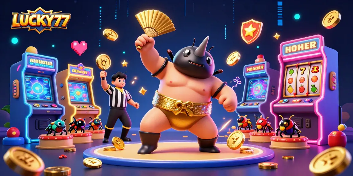 Experience LUCKY77 with a dynamic scene featuring a beetle champion amidst a bustling casino atmosphere.