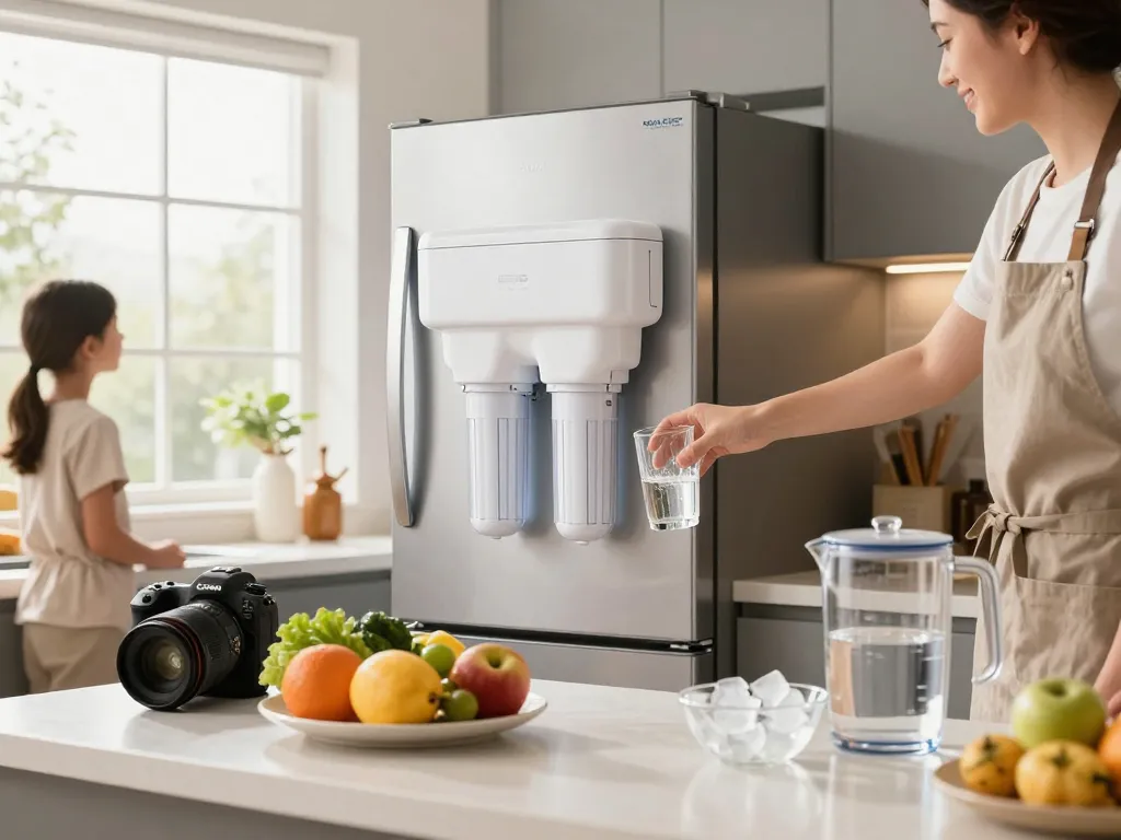 A person refilling a glass with AQUA CREST ADQ73613401 Refrigerator Water Filter in a modern kitchen, symbolizing health and fresh living.
