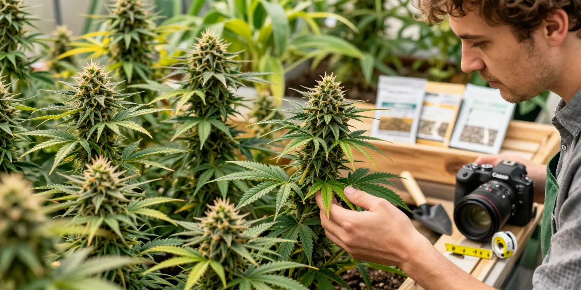 High CBD cannabis seeds thriving in a vibrant garden, showcasing various growth stages and a dedicated grower.