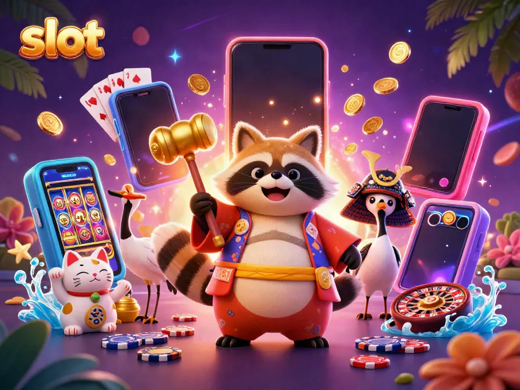 Engaging 3D scene with cheerful tanuki and maneki-neko featuring colorful slot games.