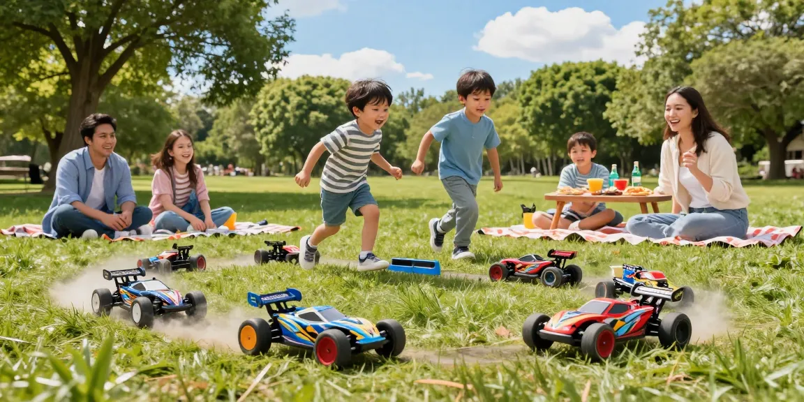 Exciting ROKOK88 slot family racing scene with remote control cars in a sunny park, capturing joyful moments and colorful designs.