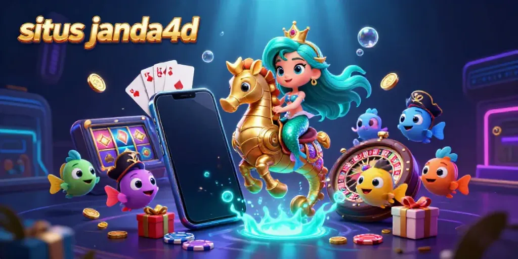 Menangkan permainan kasino di situs janda4d dengan ilustrasi putri duyung dan seahorse yang menampilkan slot game.
