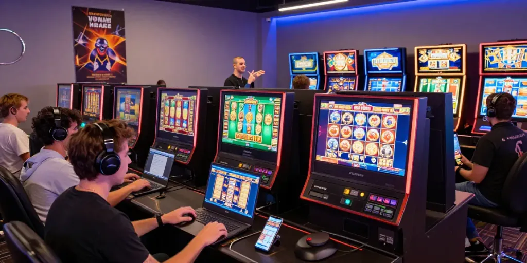 Exciting slot online gacor gaming scene with diverse players using laptops and smartphones.