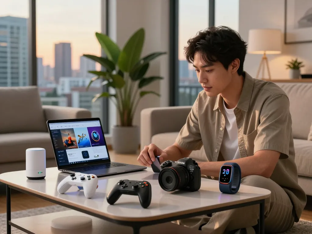 Explore the top 10 tech gadgets 2104 featuring innovative Bluetooth devices in a stylish urban space.