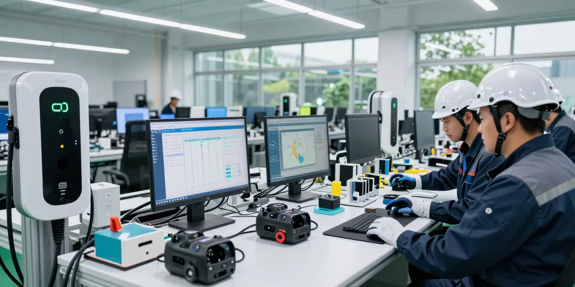 Engineers collaborating in a modern portable ev charger factory, showcasing production and innovation