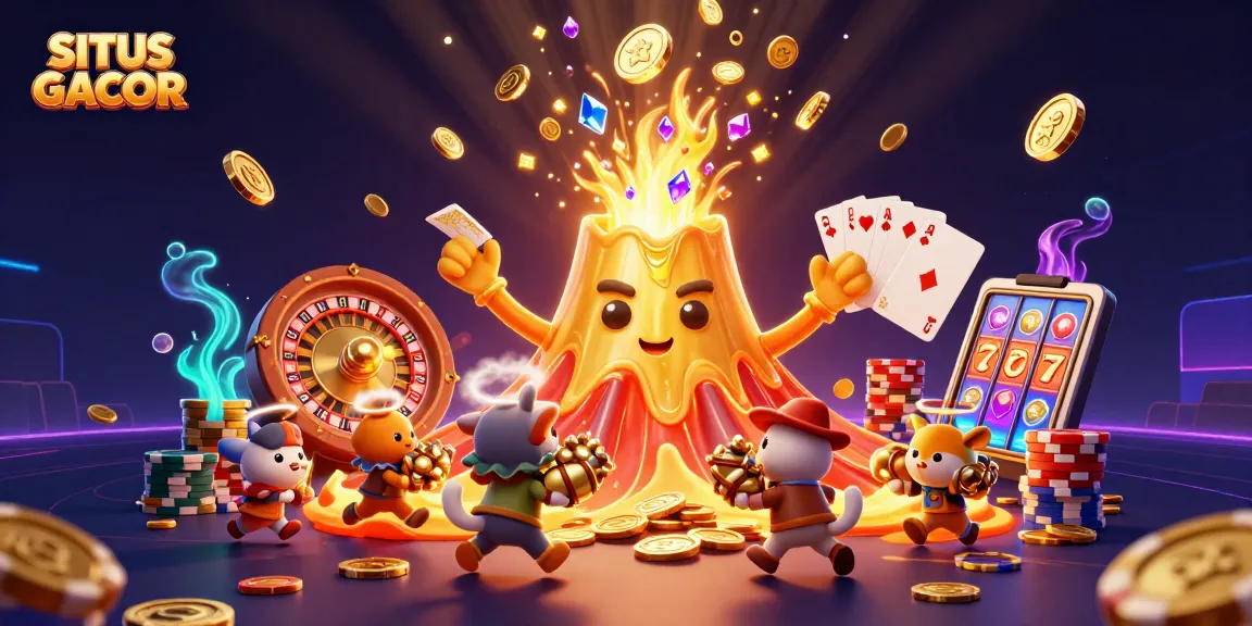 Engage with SITUS GACOR as golden treasures erupt from a volcano in this thrilling casino scene.