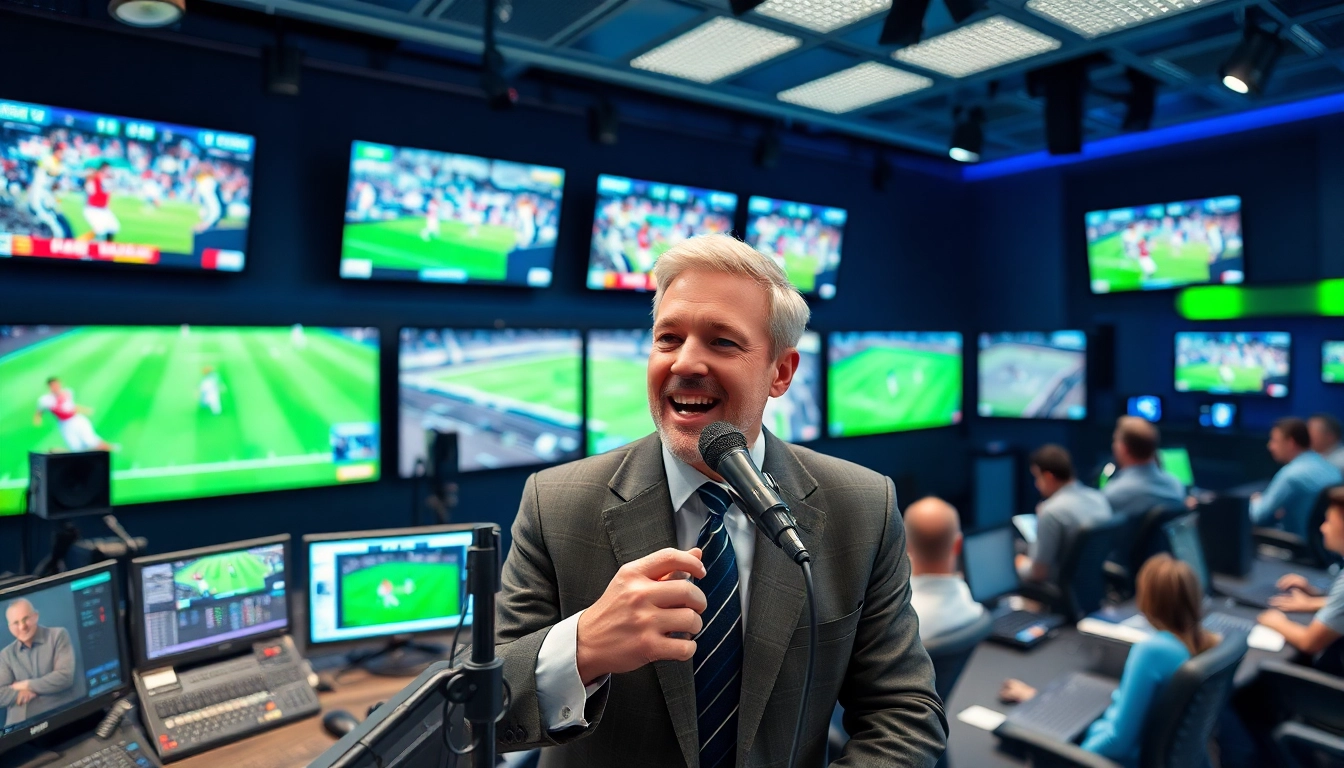 Announcer in professional sports broadcasting studio engaging with viewers during a live event.