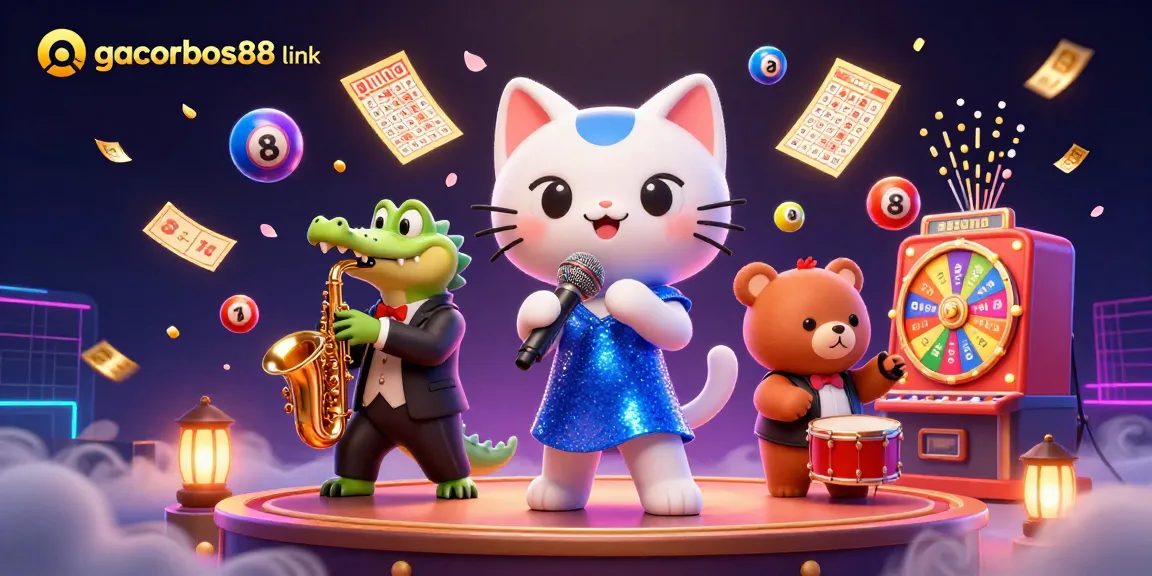 Experience the excitement with gacorbos88 link; a vibrant illustration featuring a jazzy cat, crocodile, and bear in upbeat casino action.