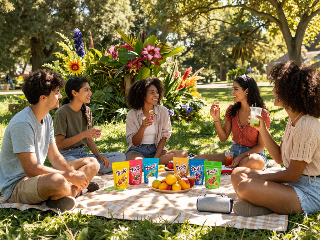 Taste the joy of Trolli candy with vibrant THC edibles during a refreshing outdoor picnic, promoting natural wellness.