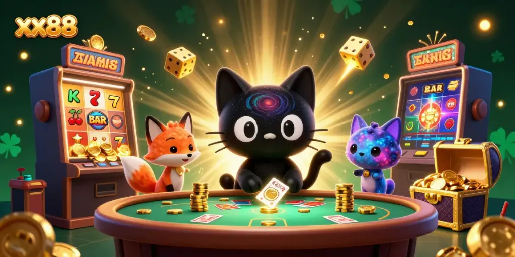 Spin the wheels with excitement at xx88's dynamic online casino featuring colorful characters and games.