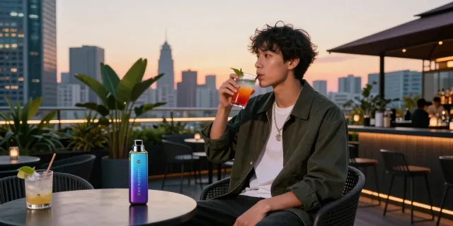 Enjoying a Hitz infinity Gen 7 vape at a trendy rooftop bar.