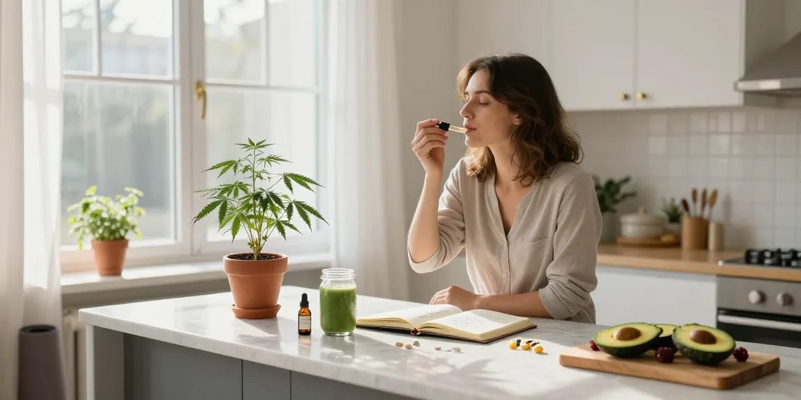 Ministry of Cannabis: Hochwertiges CBD-Öl für natürliche Wellness, orangefarbene Flasche, Hanfpflanzen und Vitamine im Bild.