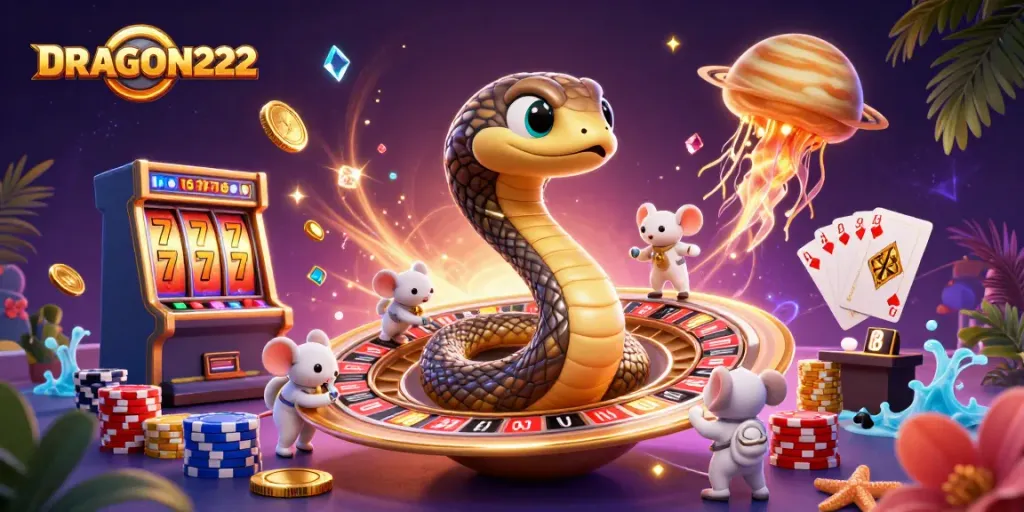 Bet with DRAGON222 as astronaut mice engage in a cosmic casino adventure with a Saturn ring roulette wheel.