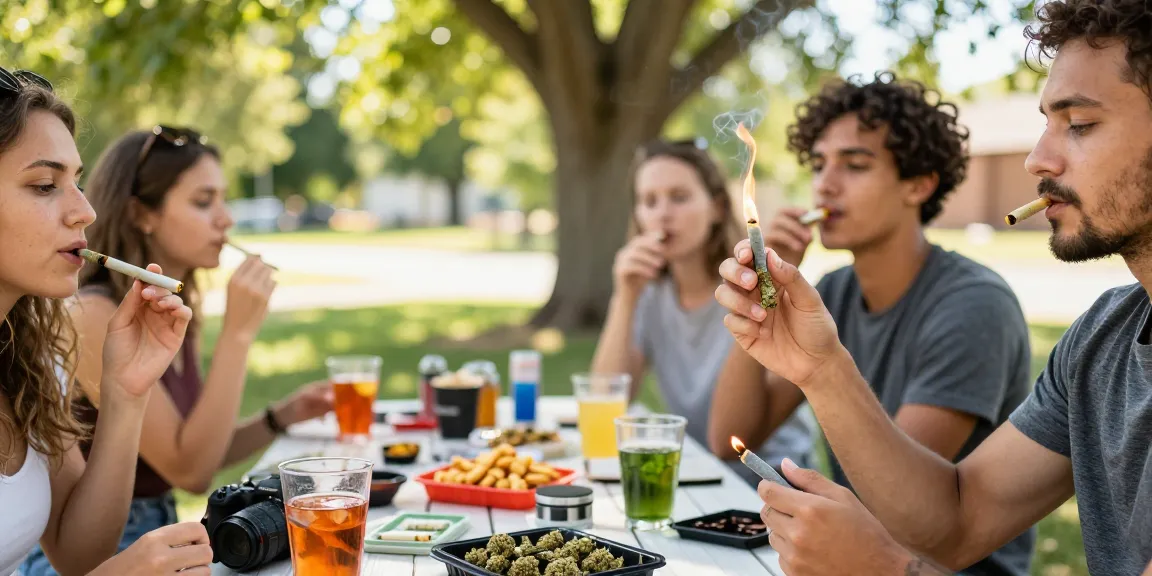 Friends enjoying pre rolled joints online in a sunny outdoor setting, showcasing cannabis products and camaraderie.