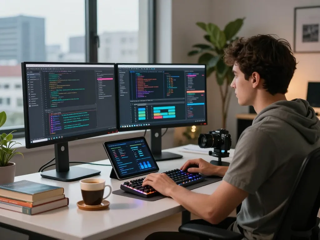 Developer engaging with openclaw personal AI assistant in modern workspace with dual monitors and coding setup