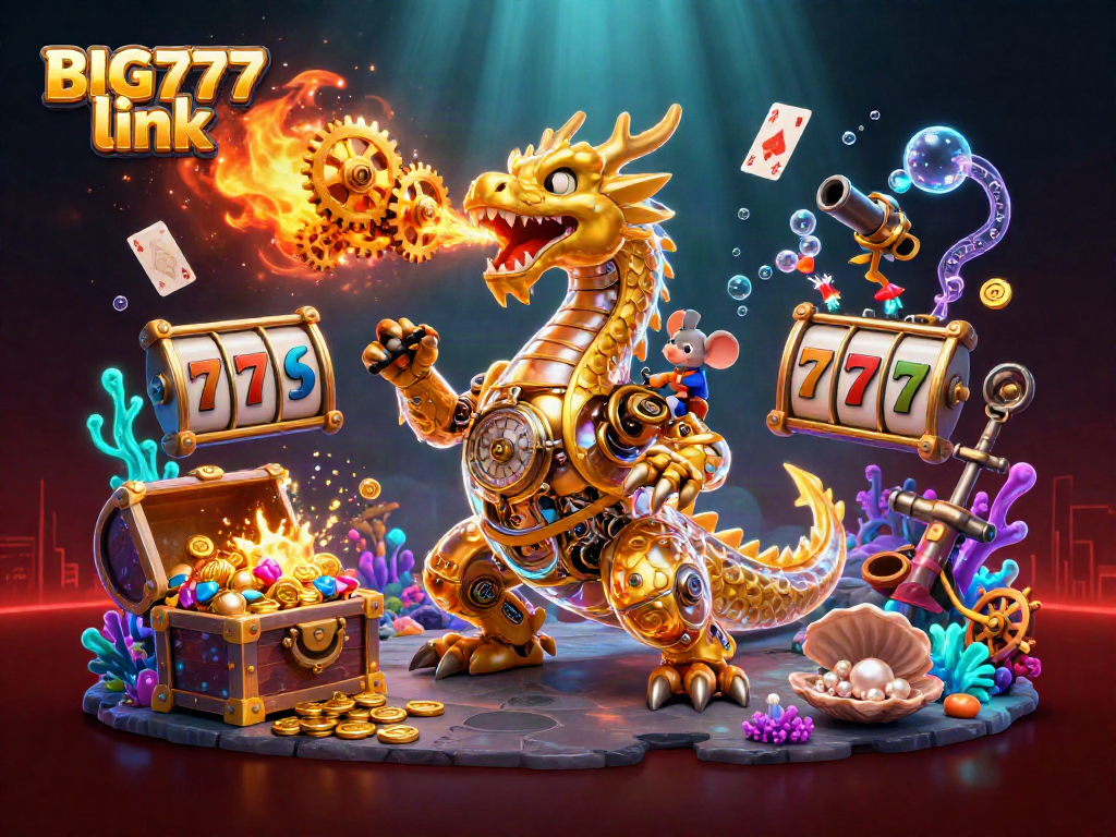 Engage with the thrilling BIG777 link as a golden dragon breathes gears amidst slot reels and treasures.