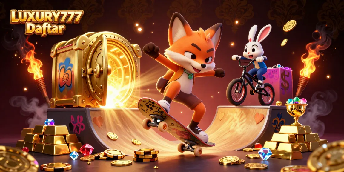 LUXURY777 Daftar menawarkan gameplay kasino yang seru dengan karakter lucu dalam ilustrasi kasino penuh warna.