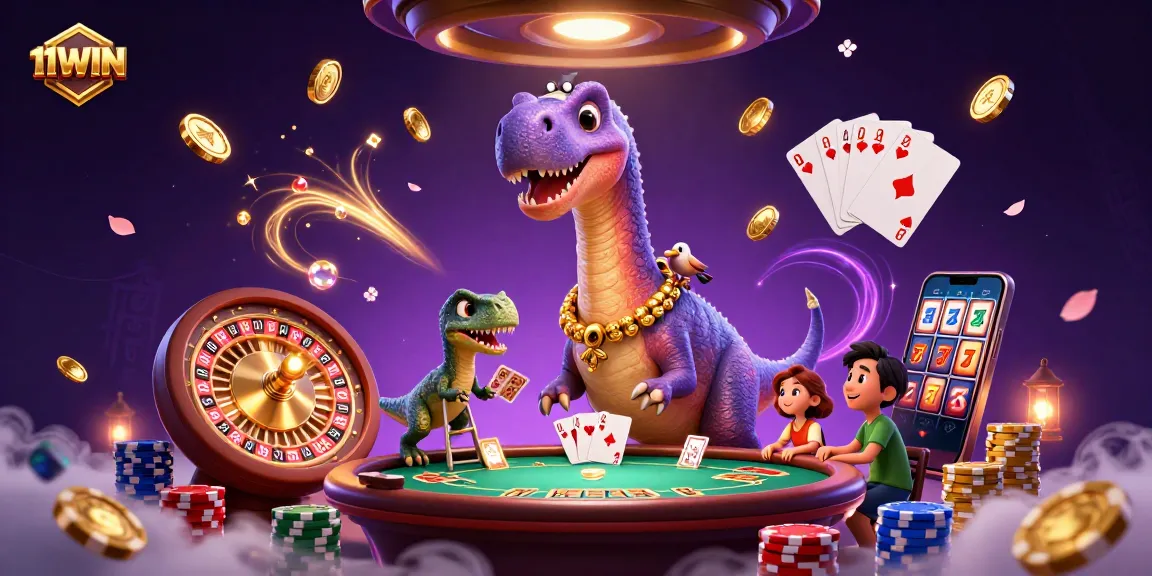 Experience thrilling moments at 11WIN with a whimsical digital casino scene featuring dynamic games and vibrant characters.