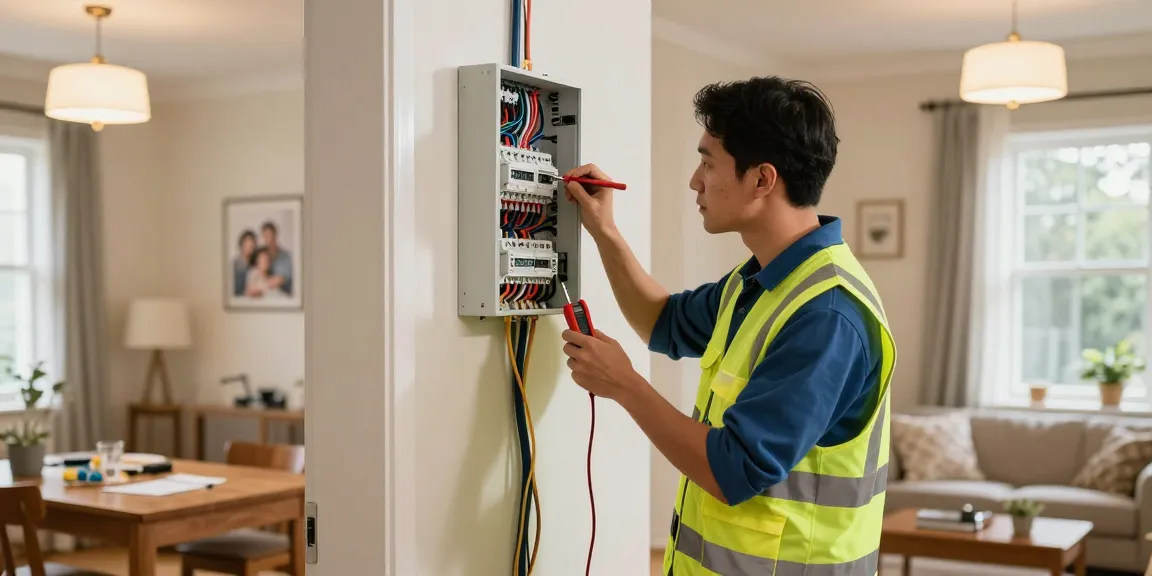 Round the clock electrician performing electrical work in a cozy home setting with tools and warm lighting.
