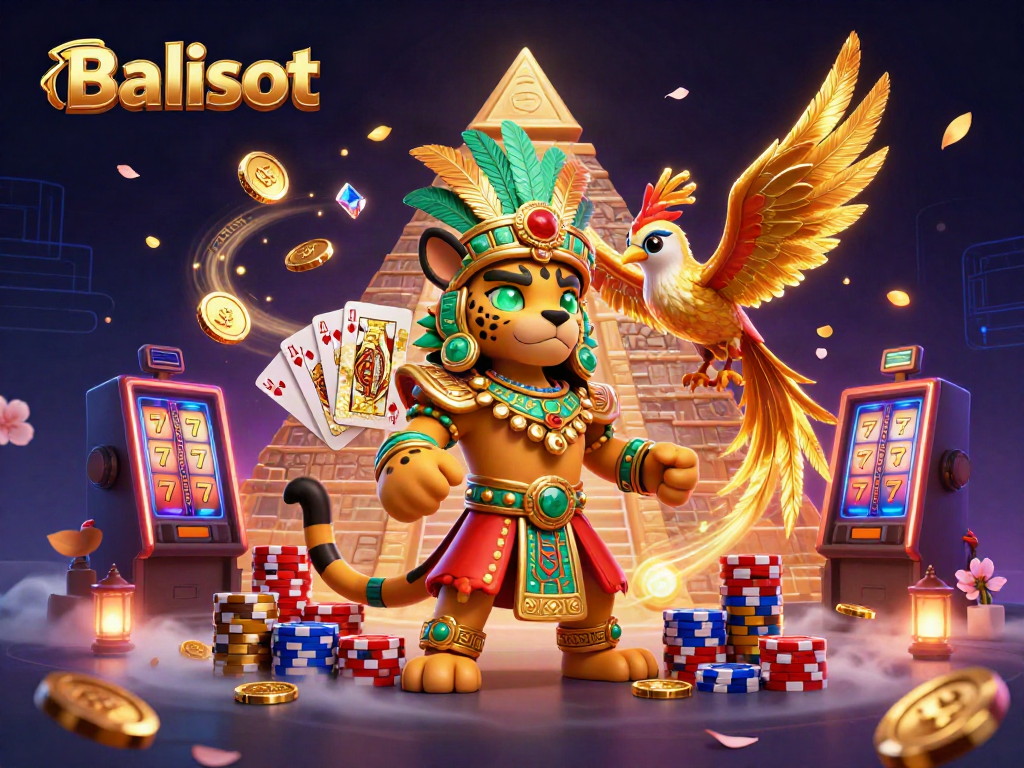Experience the thrill of Balislot with a dynamic Mayan casino scene rich in vibrant gaming elements and fine details.