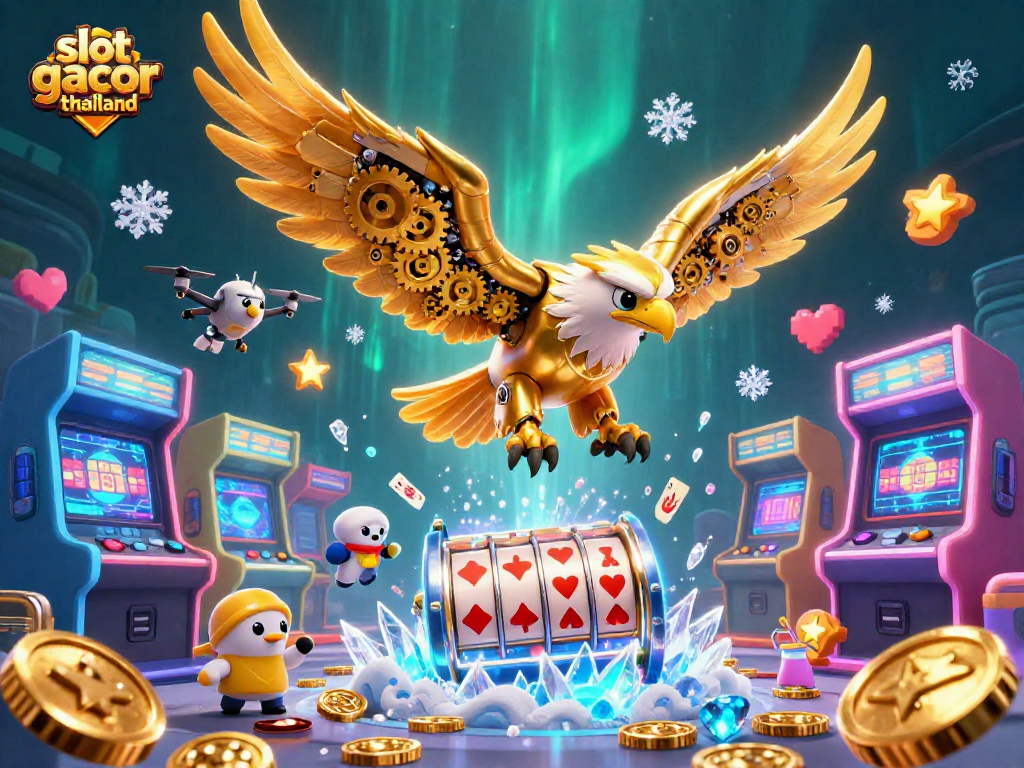 Experience slot gacor thailand in a dynamic 3D scene with cybernetic eagle, slot reels, and arcade elements.