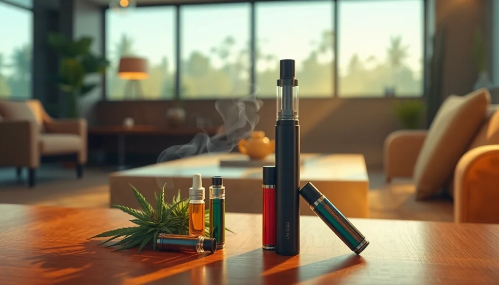 Showcasing a Cannabis Vape pen with vibrant cartridges in a cozy lounge setting
