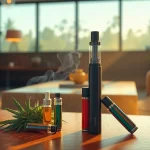 Showcasing a Cannabis Vape pen with vibrant cartridges in a cozy lounge setting