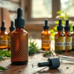 Showcasing CBD Oil bottles among natural herbs, emphasizing wellness and tranquility.