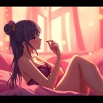 Anime sex scene featuring a stylish character in an intimate setting, showcasing warmth and softness.