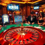 Excited players engaging with the RR88 casino, featuring a glamorous roulette wheel and colorful chips.