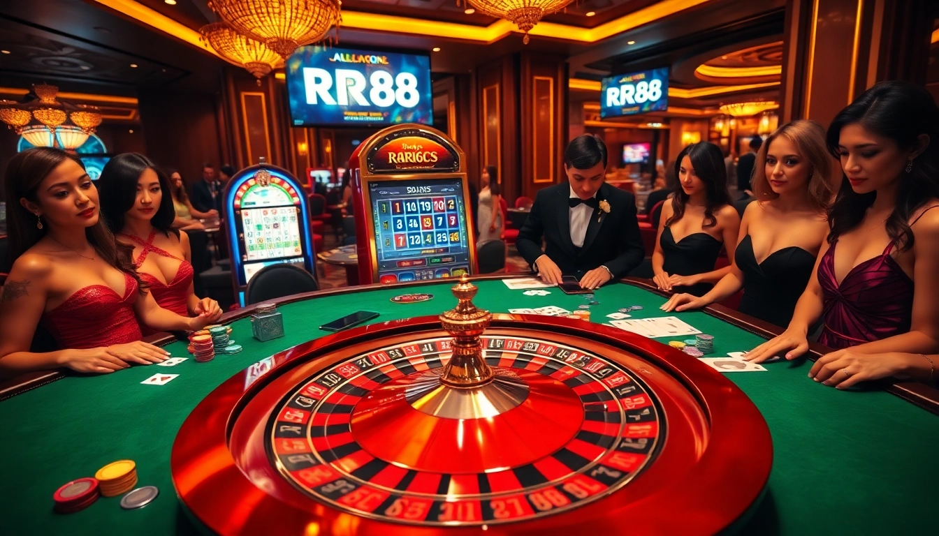 Excited players engaging with the RR88 casino, featuring a glamorous roulette wheel and colorful chips.