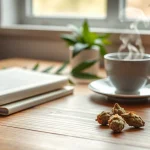 Enhance mental wellness with a close-up of Mental Wellness CBD buds alongside tea and a journal.