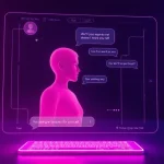 AI porn chat interface with a virtual character, showcasing engaging conversation elements in a futuristic setting.
