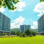 Highlighting the Tampines EC, showcasing its modern architecture and green surroundings.