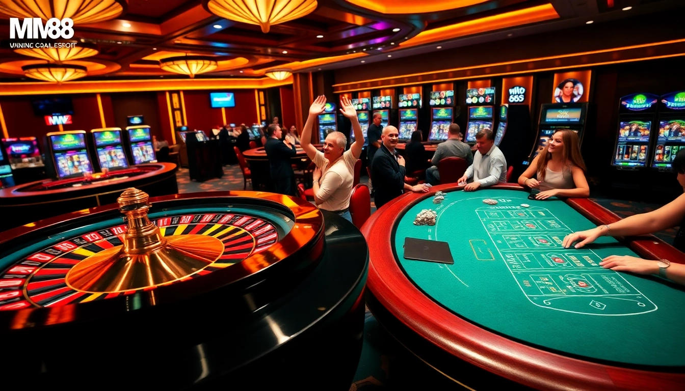 Players enjoying online casino games at MM88 with vibrant roulette and poker tables.