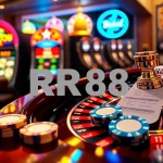Experience the thrill of RR88 casino gaming with vibrant poker chips and a luminous roulette wheel.