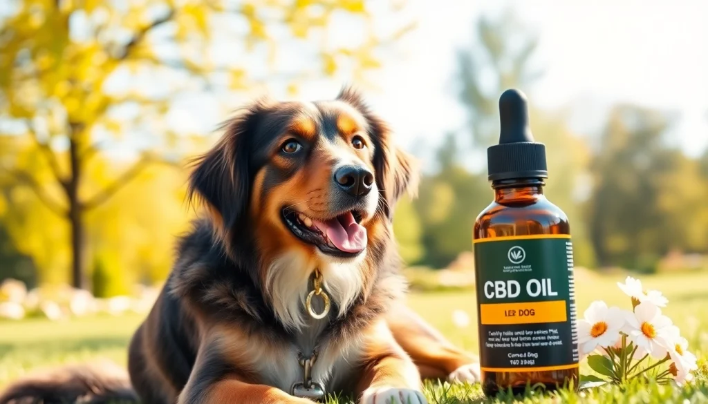 Dog enjoying the outdoors with CBD Oil For Dog bottle, highlighting health and relaxation.